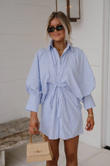 Puff Sleeve Mini Poplin Dress-White/Blue