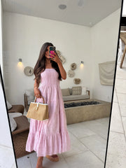 Emory Eyelet Strapless Maxi Dress-Pink