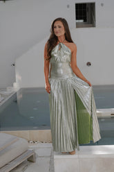 Metallic Pleated Maxi Dress-Sage