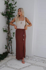 Textured Woven Maxi Skirt-Red Wood