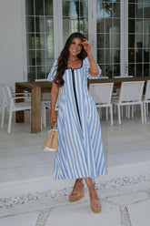 Kady Puff Sleeve Midi Dress-Blue
