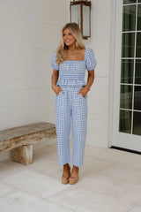 Anika Gingham Ruffle Top-Blue/White