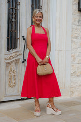 Jane Halter Midi Dress-Red