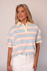 Sully Striped Polo Top-Light Blue/Pink