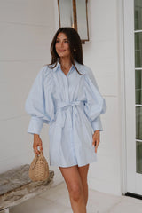 Puff Sleeve Mini Poplin Dress-Soft Blue
