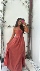 Braided Cut Out Maxi Dress-Rust