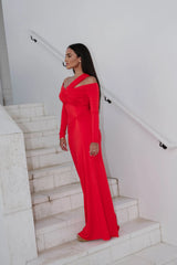 Loren OTS Ruched Maxi Dress-Red