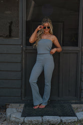 Serena Flared Pants Set-Light Blue/Brown