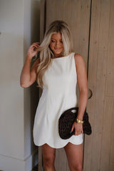 Linen Scallop Detail Mini Dress-Cream