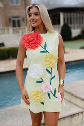Floral Embroidered Mini Dress-Yellow