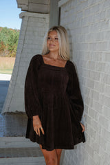 Corduroy Puff Sleeve Mini Dress-Brown