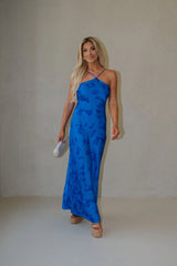 Crossback Halter Maxi Dress-Blue Floral