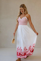 Embroidered Smocked Maxi Dress-Red