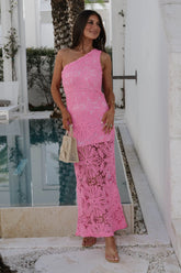 One Shoulder Lace Maxi Dress-Pink
