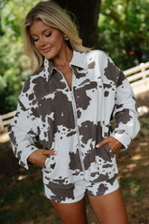 Cow Print Shorts Set-White/Brown