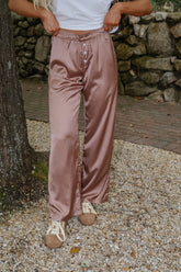 Mid-Waist Wide Leg Satin Pant-Bronze