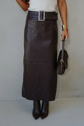 Buckle Waist Back Slit Skirt-Dark Oak