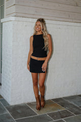 Boat Neck Belted Mini Dress-Black