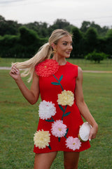 Floral Embroidered Mini Dress-Red