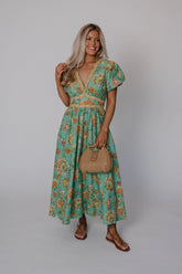 Jaynie Puff Sleeve Midi Dress-Green Multi