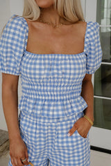 Anika Gingham Ruffle Top-Blue/White
