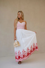 Embroidered Smocked Maxi Dress-Red