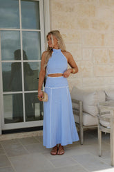 Striped Halter Crop Top Set-White/Blue