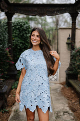 Stella Floral Embroidered Mini Dress-Blue
