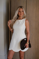 Linen Scallop Detail Mini Dress-Cream