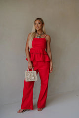 Linen Tube Pants Set-Red