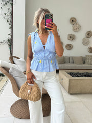 Lemon Embroidery Top-Marina Blue