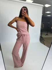 Brushed Striped Pants Set-Strawberry