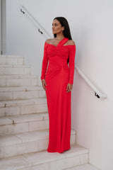 Loren OTS Ruched Maxi Dress-Red