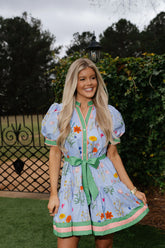 Floral Puff Sleeve Mini Dress-Blue