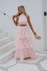 Spring Polka Dot Halter Neck Skirt Set-Pink