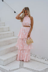 Spring Polka Dot Halter Neck Skirt Set-Pink