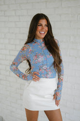 Blue Floral Mesh Top