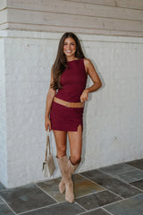 Boat Neck Belted Mini Dress-Burgundy