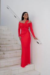 Loren OTS Ruched Maxi Dress-Red