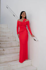 Loren OTS Ruched Maxi Dress-Red
