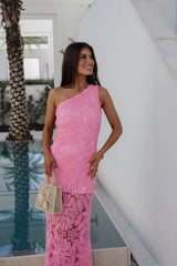 One Shoulder Lace Maxi Dress-Pink