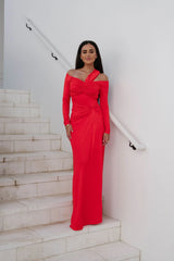 Loren OTS Ruched Maxi Dress-Red