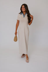 Collared Sweater Knit Maxi Dress-Cream
