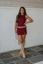 Boat Neck Belted Mini Dress-Burgundy