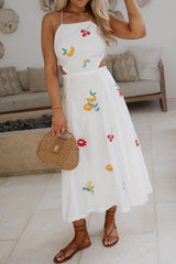 Embroidered Open Back Midi Dress-Off White