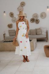 Embroidered Open Back Midi Dress-Off White