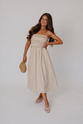 Sara Strapless Midi Dress-Beige