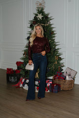 Sequin Boat Neck Top-Wine