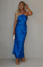 Crossback Halter Maxi Dress-Blue Floral