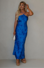 Crossback Halter Maxi Dress-Blue Floral